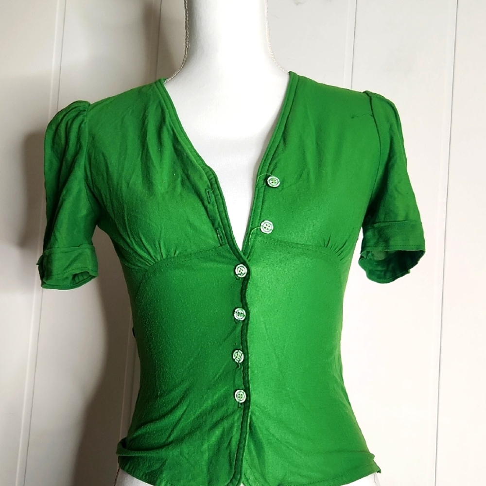 1950's RARE Green Puff Sleeve Milkmaid Garden Fairy Ren Faire Button Down Top